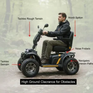 Side view demonstrating the high ground clearance capability of the all terrain mobility scooter for adults on rough ground.