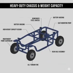 The heavy-duty steel chassis frame of a 4 wheel all terrain scooter.