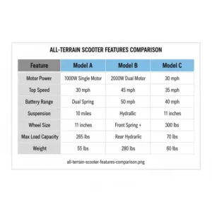 Comparison chart summarizing the key features of different all terrain scooter for adults models suitable for adult riders.