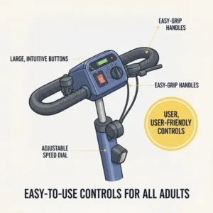 The intuitive digital control panel and ergonomic tiller of a foldable mobility scooter for heavy adults.