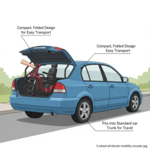 A compact, foldable off road mobility scooters disassembled and easily fitting into the trunk of a standard sedan for convenient transportation and travel.