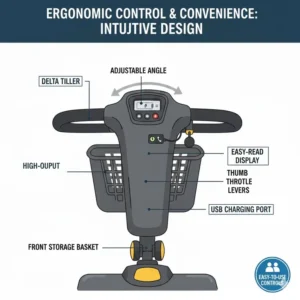 Illustration of the ergonomic delta tiller and easy-to-use controls on a modern bariatric scooter.
