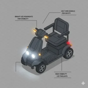 Front view showing the bright LED headlights and taillights, emphasizing the necessary safety features of the all terrain disability scooter for low-light use.