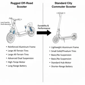 Comparison chart contrasting the features of a rugged scooter (durability, suspension) with a standard urban model.