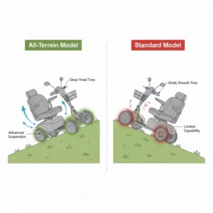 A side-by-side comparison showing an all terrain mobility scooter foldable vs a standard scooter.