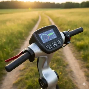 Detailed view of the easy-to-read, waterproof controls and dashboard on an all terrain mobility scooters.