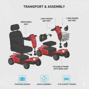 Illustration showing how to disassemble a travel-friendly mobility scooter 450 lb capacity.