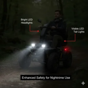 Safety feature spotlight: the bright LED headlight and indicators on the front of the all terrain mobility scooter for adults.