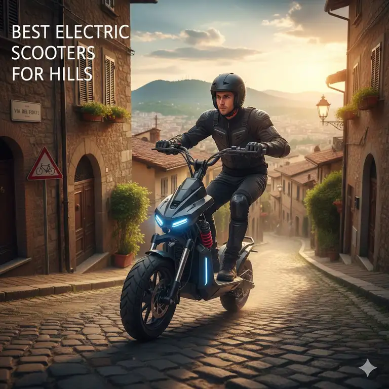 A powerful dual motor scooter climbing a steep urban street, showcasing the best electric scooters for hills.