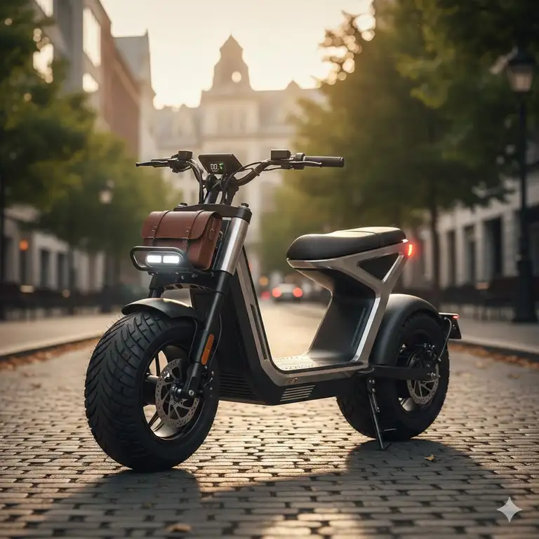 A premium electric best fat tire scooter parked on a stylish cobblestone city street during sunset.