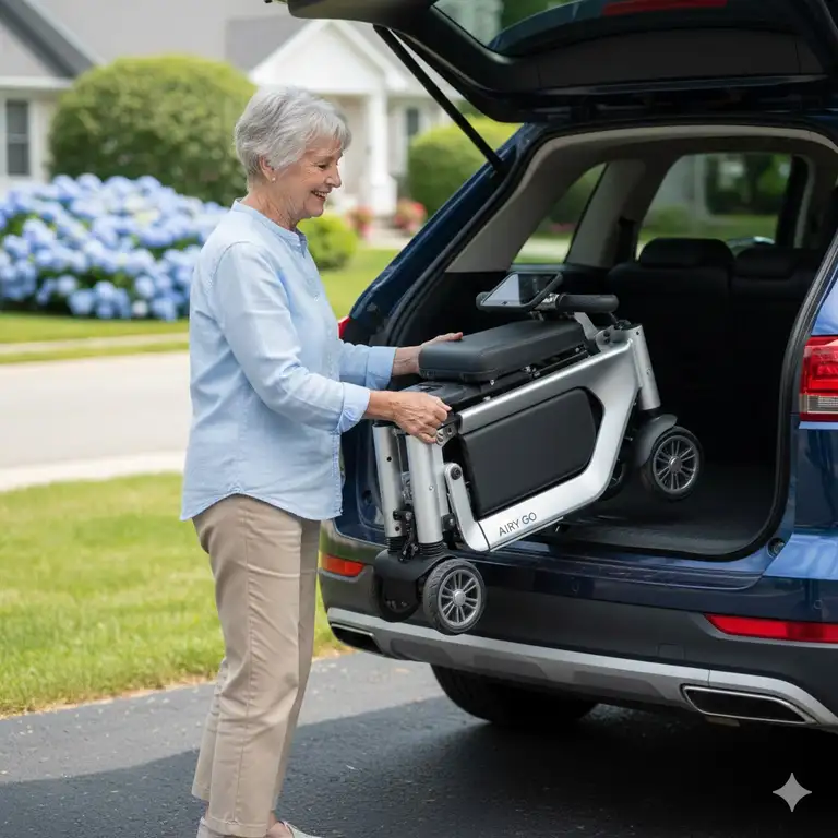 Senior woman lifting the best lightweight foldable mobility scooter into a car trunk.