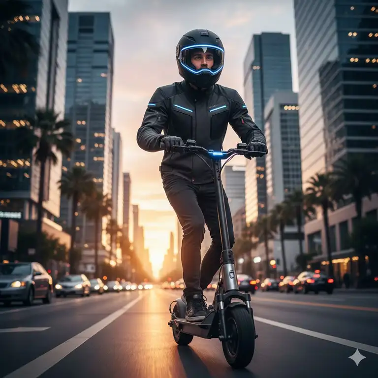 A professional rider in the city wearing the best scooter helmet for daily commuting.
