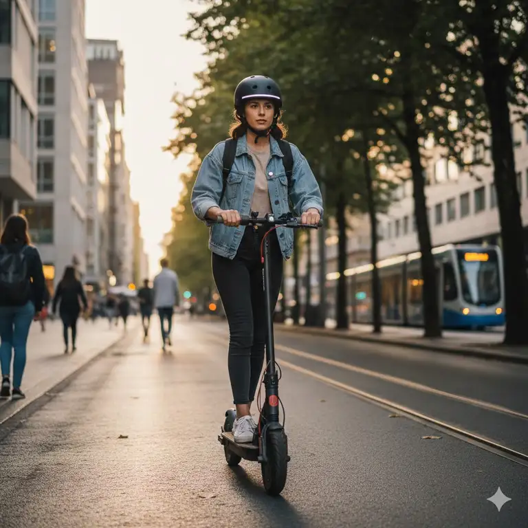 A person wearing a stylish matte black scooter helmet while riding an electric scooter on a city street.
