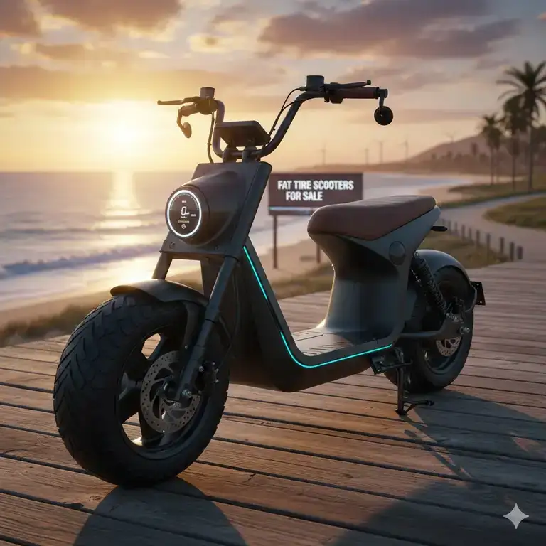 A high-quality electric fat tire scooters for sale parked on a scenic coastal boardwalk at sunset.