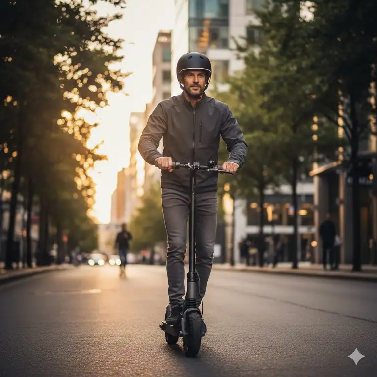 An adult man riding a commuter scooter while wearing a matte black electric scooter helmet for adults.
