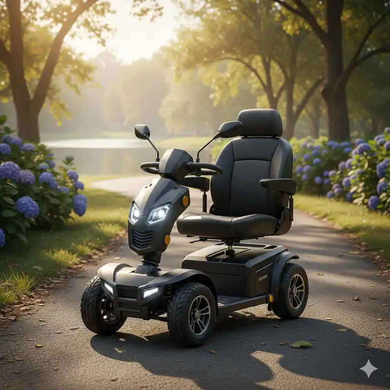 A high-performance model of the best heavy duty mobility scooter parked on a sunny park pathway.
