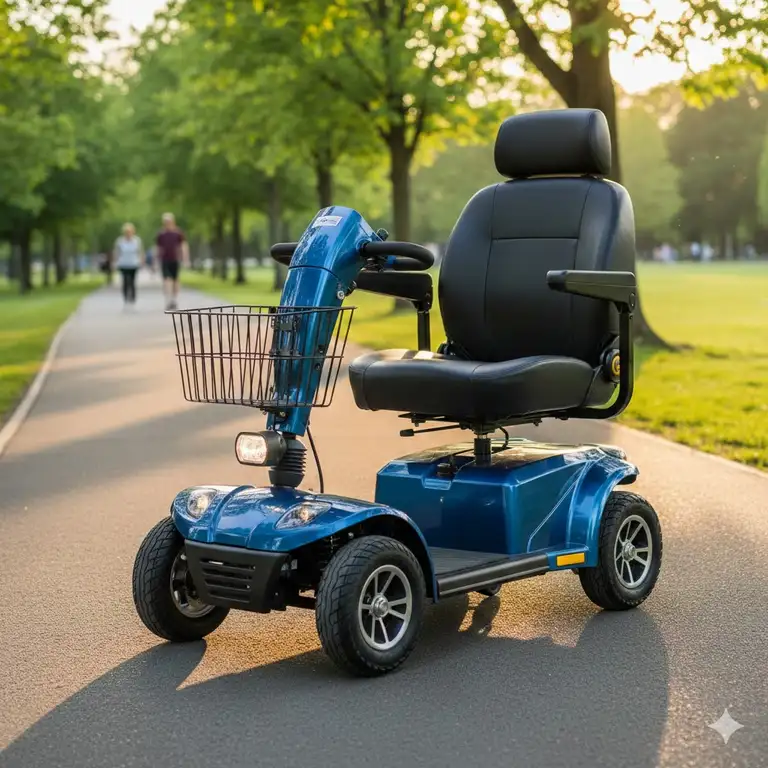 A premium heavy-duty mobility scooter obese individuals can use comfortably on a park trail.