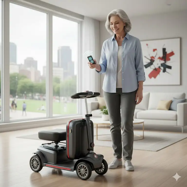 A senior woman using a remote control to operate her auto fold mobility scooter in a modern home.