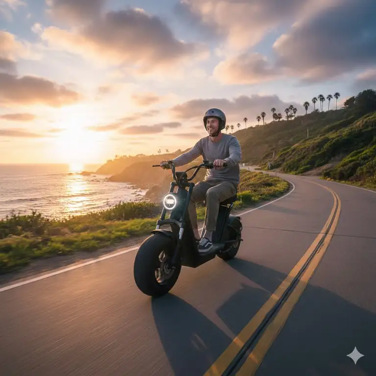 A man riding a modern electric fat wheel scooter on a scenic coastal road during sunset.