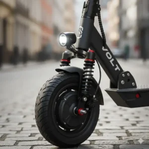 Close-up view of the front dual hydraulic suspension on an electric scooter with shocks for stability.
