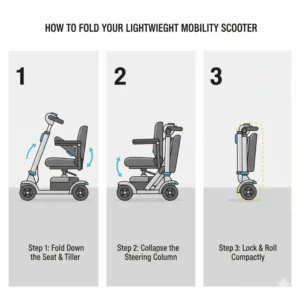 Step-by-step diagram showing how to fold the best lightweight foldable mobility scooter easily.