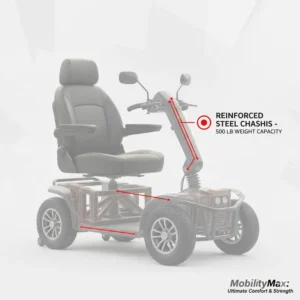 Technical diagram showing the heavy-duty weight capacity of a bariatric motorized scooter with a reinforced steel chassis.