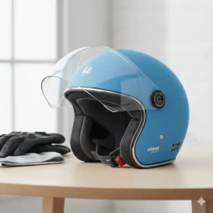 A blue open-face model representing the best scooter helmet for urban visibility.