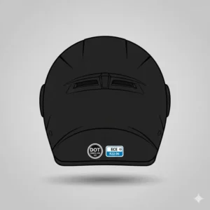 Illustration showing DOT and ECE safety certification stickers on the back of a protective scooter helmet.