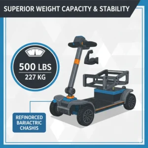 Infographic showing the 500lbs weight capacity of the best heavy duty mobility scooter for bariatric support.