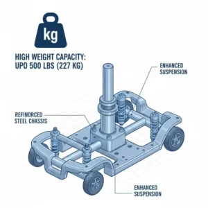 Technical diagram showing the reinforced frame of a mobility scooter obese weight capacity rating.