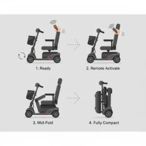 A step-by-step diagram showing the mechanical process of how an auto fold mobility scooter closes.
