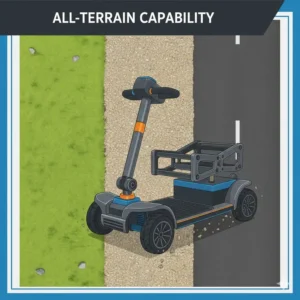 Illustration of the best heavy duty mobility scooter navigating easily over grass and gravel surfaces.