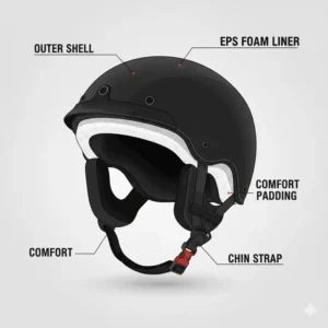 A labeled diagram showing the outer shell and EPS foam liner of a standard scooter helmet.