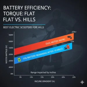 An infographic comparing battery range and efficiency of the best electric scooters for hills on inclines.