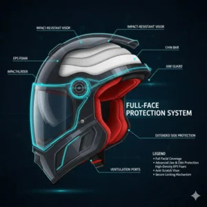 A detailed diagram of a full-face electric scooter helmet for adults highlighting chin and jaw protection.
