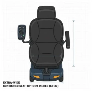 Detailed view of an oversized padded seat on a mobility scooter obese users find supportive.