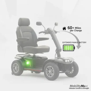 Digital illustration of the long-range battery and extended travel distance for a bariatric motorized scooter.