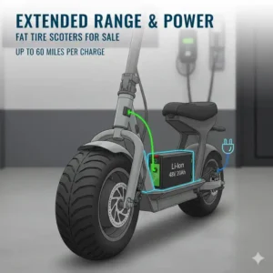 Close-up view of a high-capacity lithium battery designed for long-range fat tire scooters for sale.