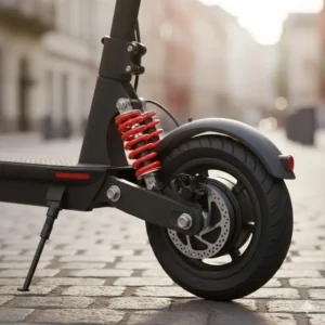 Detailed shot of the rear heavy-duty spring suspension of an electric scooter with shocks