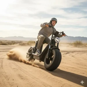 An electric fat wheel scooter driving easily over rough sand and beach terrain.