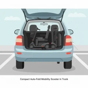 Illustration of a compact auto fold mobility scooter being placed into the trunk of a small car.
