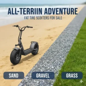 Graphic showing the versatile performance on sand and gravel for these fat tire scooters for sale.