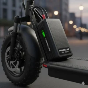 The high-capacity lithium battery pack of the best fat tire scooter highlighting extended travel range.