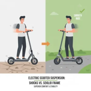 An infographic showing the difference in vibration levels on an electric scooter with shocks versus a standard frame.
