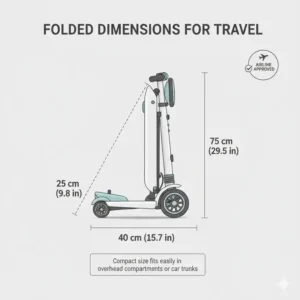 Folded dimensions of the best lightweight foldable mobility scooter for airline travel compliance.