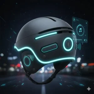 High-visibility illustration of an electric scooter helmet for adults with integrated LED rear safety lights.