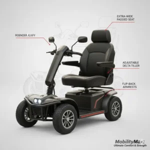 Detailed close-up of the extra-wide seat and ergonomic tiller of a comfortable bariatric motorized scooter.