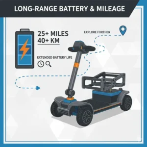 Diagram highlighting the long-distance battery range of the best heavy duty mobility scooter.