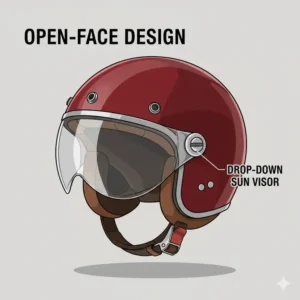 A vintage-style open-face scooter helmet with a clear drop-down sun visor.