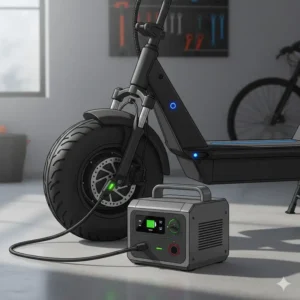 Close-up of a power cable charging the high-capacity battery of an electric fat wheel scooter.